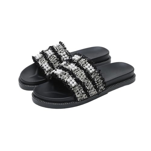 Cool Mop Women's Pearl Sequin Woven Versatile Sandals for External Wear in Oversized Slippers