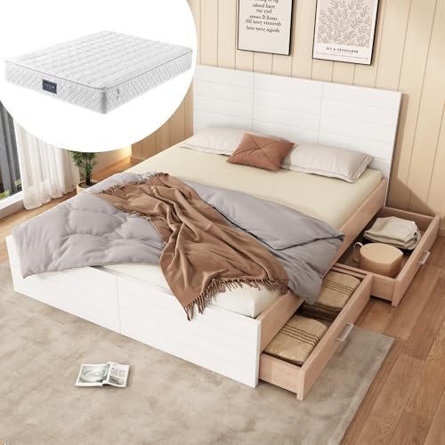Hmluxury Juego de cama doble de madera, 140 x 200 cm, con 2 cajones y somier, roble blanco, incluye colchón, moderno, 207 x 80 x 145 cm