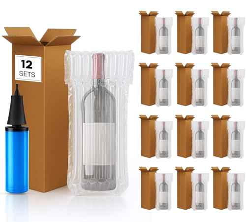 12 Sets Wine Shipping Box Wine Boxes for Moving Include Wines Packaging Boxes Inflatable Protector Bags and 1 Pump Wines Shipping Box for Airplane Leak-Proof & Shockproof Design for Safe Transport
