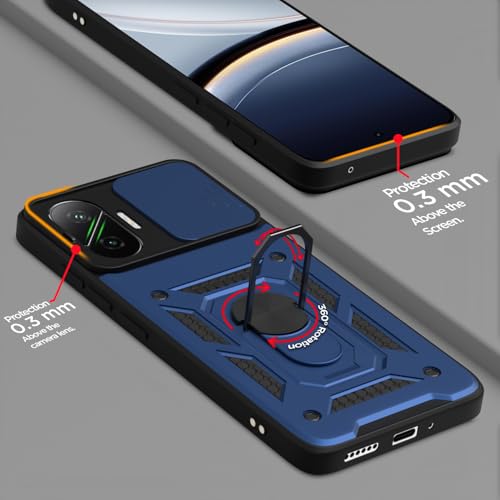 Image of Pikkme Back Cover for Poco F7 5G | D10 Tough Armor | 360 Protection Case | Sliding Camera Shield Cover & Ring Holder Stand Bumper Case (Blue)