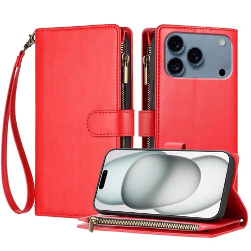 Étui iPhone 15 rouge avec portefeuille en cuir à rabat élégant