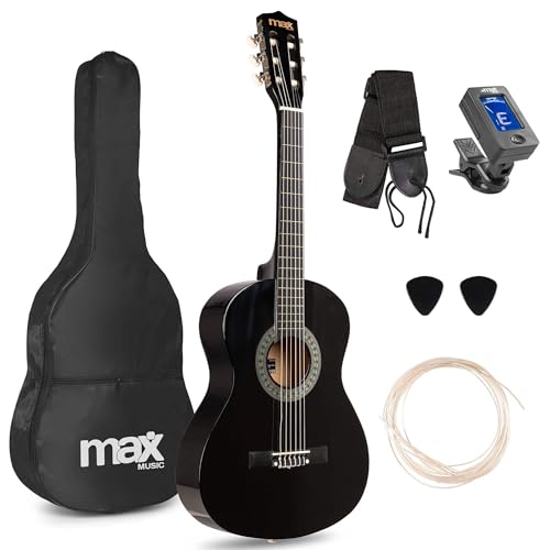 MAX SoloArt Junior 3/4 Beginner Acoustic Guitar Starter Kit, Black Wooden Childrens Guitar with Nylon Strings, Ideal Kids Musical Instrument for Learning