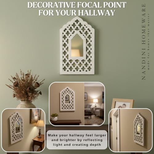 Image of Handcrafted Traditional White Mughal MDF Wooden Mirror Jharokha Wall Art | Mughal-Inspired Boho Style Decorative Wall Hanging (White Mughal)