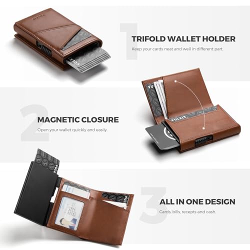 VULKIT Trifold Pop Up Men Wallet Leather RFID Blocking Credit Card Holder Metal Card Case, Hold 10 Cards and Bills, Brown, Minimalist2