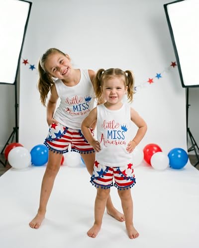 Image of Unique Baby Girls Toddler Big Kid Sleeveless Tank with Pom Pom 2pc Shorts Set Outfit