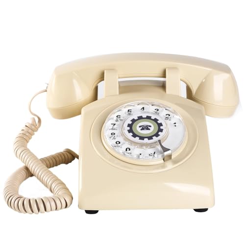 Retro Telefon mit Wählscheibe, Rotationsfernsprecher Ausgeschaltetem Klingel, Altes Telefon mit Mechanischer Glocke, Klassisches Vintage Verkabeltes Telefon, Backup Notfalltelefon,Beige