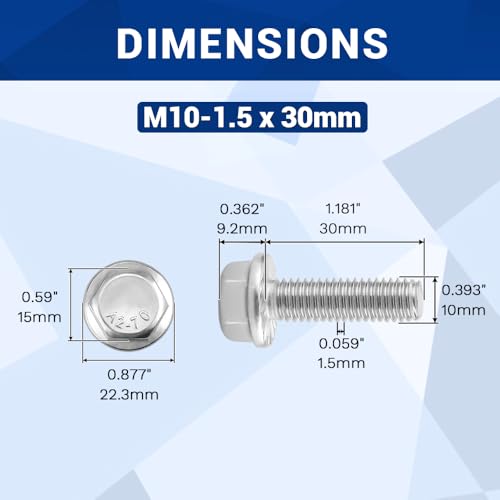 Image of M10-1.5 x 30mm Serrated Flange Hex Bolts + Flange Nut + Flat Washer + Lock Washer Combo Pack, 304 Stainless Steel 18-8, for Automotive & Machinery, 10 Sets