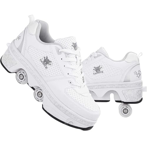 AGLOAT Rollschuhe Schuhe mit Rollen für Mädchen, Deformation Rollerskates, 2 in 1 Inline-Skates, Outdoor Gymnastik Sneakers für Kinder Birthday Present,Weiß-37EU