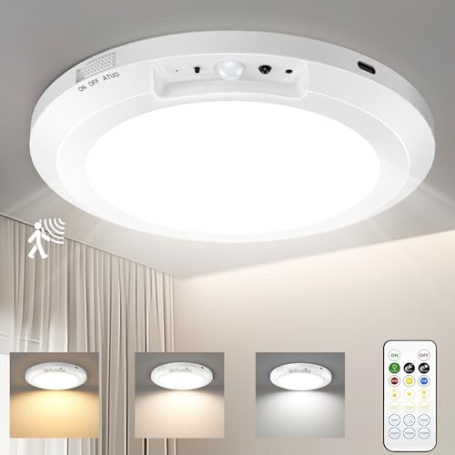 Image of Yunaking Rechargeable Ceiling Light with Motion Sensor: Battery Operated LED Closet Light with Remote & Timing - Wireless Dimmable Magnetic Mount Shower Lamp for Bathroom /Stairs /Garage /Hallway