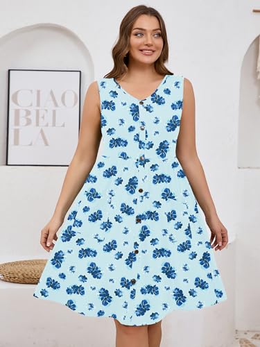 Image of AusLook Plus Size Women Summer Dresses Sleeveless Casual Loose Swing Button Down Midi Dress with Pockets 1X-5X