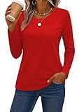 SMENG Womens Basic Long Sleeve Tshirts Breathable Soft Cotton Shirts Lightweight Solid Color Shirt Casual Tops Red XL