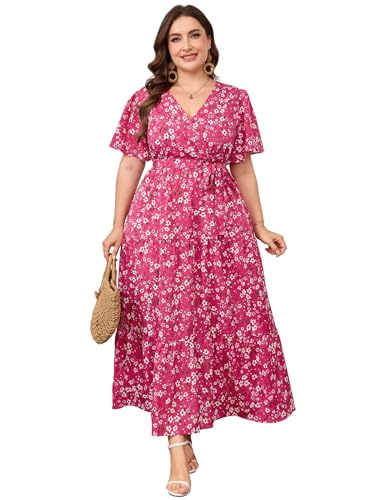 Image of ShopWonder Womens Plus Size V Neck Wrap Maxi Dress High Waist Ruffle Summer Casual Dress with Belt