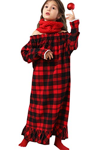 Girls Cotton Red Plaid Nightgowns Sleepwear Sleep Dress Kids Princess Pajamas Long Sleeve Christmas3
