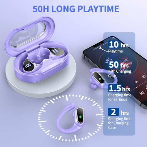 Image of Wireless Earbuds, 2026 Bluetooth 5.4 Headphones Sport, 50Hrs HiFi Stereo Deep Bass Over-Ear buds with ENC Noise Cancelling Mic, IP7 Waterproof & LED Display Earphones with Earhooks for Workout /Running
