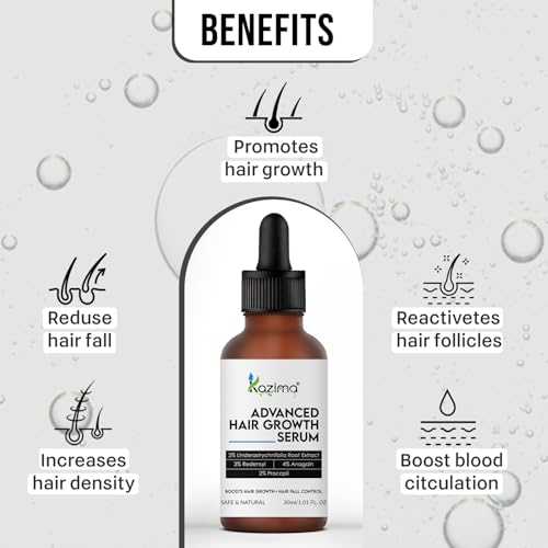 Image of KAZIMA Advanced Hair Growth Serum | 3% Redensyl, 4% Anagain, 2% Procapil, 2% Lindera Strychnifolia, Rosemary & Black Rice Extract | Hair Growth & Hair Fall Control Serum | Boosts Hair Density | 30 ml