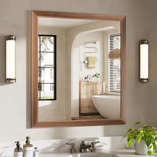 Image of 36x32 Inch Bathroom Mirror for Wall, Anti-Rust Walnut Wood Grain Metal Framed Bathroom Mirrors for Over Sink,Rectangler Mirrors for Bathroom Vanity, Farmhouse, Bedroom, Living Room, Entryway Decor