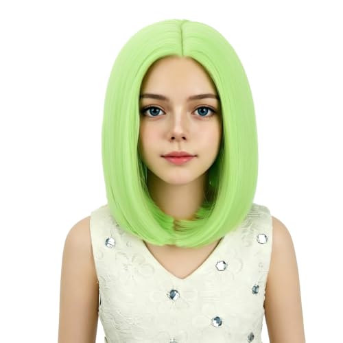 Image of Kids Green Wig Girls Light Green Bob Wig Child Short Bob Wig Middle Part Wig for Kids Synthetic Wigs with Wig Cap