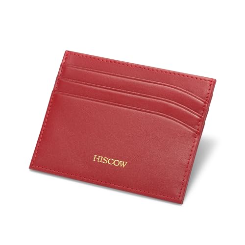 Image of HISCOW Slim Full Grain Leather Card Holder, Wine Red | Men's minimalist EDC wallet, front pocket carry, 6 credit card slots & center pocket, fits folded bills, premium gift box