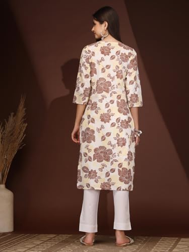 Image of Women Cotton Floral Printed Casual Straight Embroidery Kurta | Formal Kurti for Women
