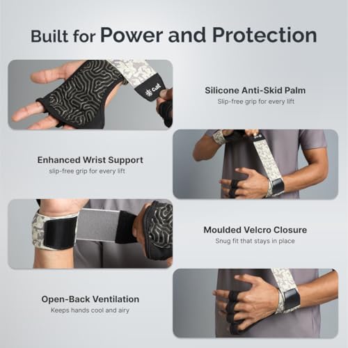 Image of CULT Half Finger Gym Gloves with Wrist Support for Men & Women | Anti-Slip Silicone Grip Exercise Gloves for Weightlifting, Workout, Pull Ups & Cross Training (Size S-M)