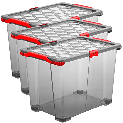 Rotho Evo Total Protection 3er-Set Aufbewahrungsbox 65l mit Deckel, lebensmittelechter Kunststoff (PP), anthrazit/rot, (59.0 x 39.5 x 41.2 cm)