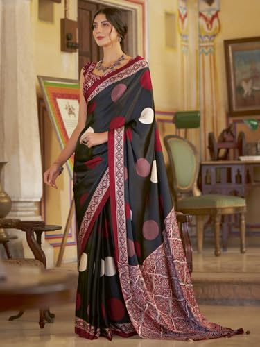 Image of SAREE MALL Women's Ajrkh Print Satin Crepe Polka Dot Printed Saree With Unstitched Blouse Piece