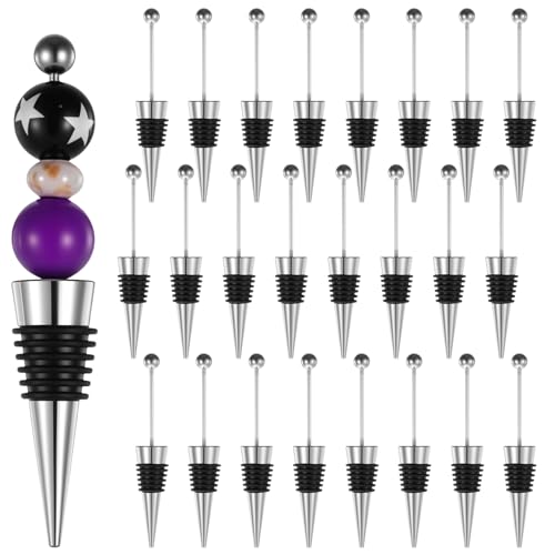 24 Pcs Beadable Wine Stoppers for Bottles Decorative Beaded Wine Bottle Stopper Reusable Alloy Saver for Beverage Gifts Spring summer Holiday Party Wedding Bar (Black)