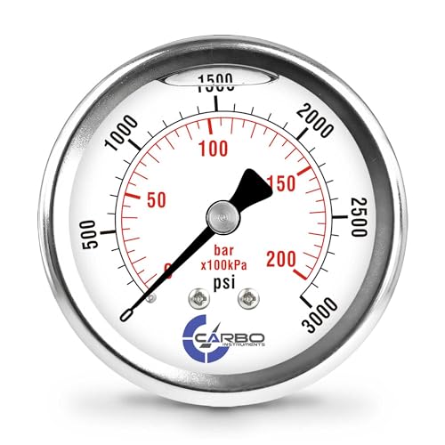 3000 PSI Liquid Filled Pressure Gauge with NIST Traceable Certificate, Calibrated in USA Lab, 2.5" Dial, 1/4 NPT Back Mount, ASME Grade A, 304 SS Case, Brass Wetted Parts, PSI/Bar