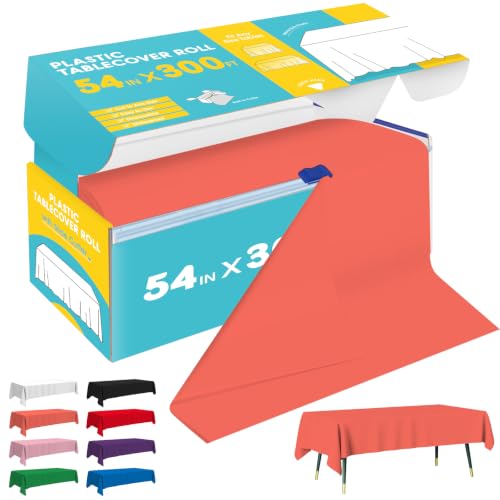 Image of Niuara Orange Plastic Table Cover Roll - 54IN x 300FT, Table Cloth for Rectangle Table with Slide Cutter, Plastic Table Cloth Disposable with Cut-to-Size Design for Weddings, Banquets, Parties