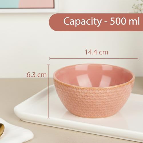 Image of The Earth Store Peach Embossed Ceramic Bowl Set of 4 - 500ML Each | Ceramic Mixing Bowls for Snacks, More | Rice, Dal, Fruits, Salad | Microwave Safe Bowl Set | Perfect for Gifting & Daily Use