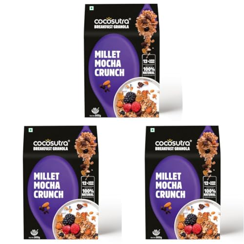 Image of Cocosutra Millet Mocha Crunch Breakfast Granola - 300 g | High Protein Cereal with Oats, Nuts, Seeds and Dry Fruits | Lightly sweetened with Jaggery (Pack of 3)