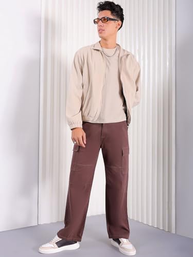 Image of The Indian Garage Co Men Relaxed Fit Solid Mid-Rise Stretchable Cargos
