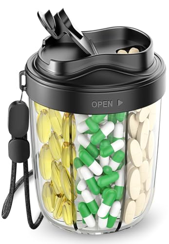 Pill Organizer Pill Dispenser With 7 Large Compartments Portable Pill Bottle Box With Wide Opening For Easy Use Tablet Organiser Anti-Mix Pills Organizer For Travel Includes 20 Pcs Sticky Labels-Black