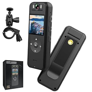 Portable body camera with accessories and packaging.