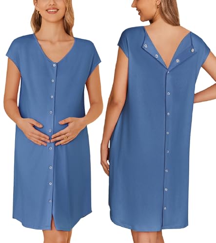 Image of Ekouaer Labor/Delivery/Hospital Gown Nursing Nightgown Maternity Sleepwear With Pockets Postpartum Gowns with Button S-XXL