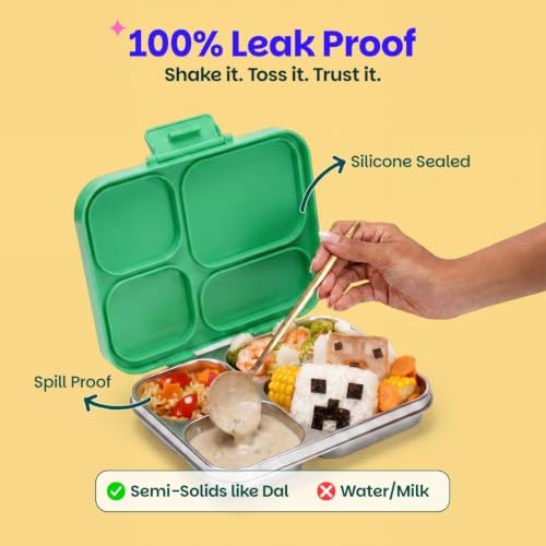 Image of Basil Bento Ace 4C Stainless Steel Lunch Box for Kids | 4 Compartment Leakproof Tiffin Box for Teens & Adults | BPA-Free, Easy-to-Open School Lunch Box | Retro Stack