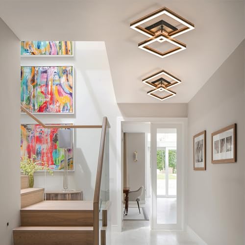 Image of LED Flush Mount Ceiling Light, Double Square Led Ceiling Lights Fixture (23W 3000K), Minimalist Wood Ceiling Lamps for Bedroom, Kitchen, Hallway