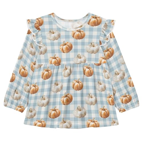 Pumpkin Light Blue Check Girls Shirts Cotton Long Sleeve Ruffle Toddler Tee Tops