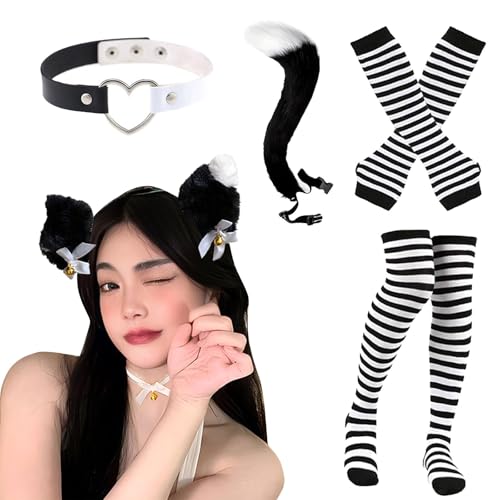 Lot de 4 gants, accessoires de costume d'Halloween de chat avec oreilles, nœud papillon et queue (2), gris, Taille unique