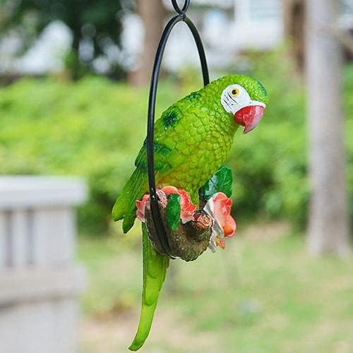 Garden Hanging Parrot Statue Perching On Branch in Metal Round Ring Animal Model Figurine Sculpture Nature Lovers Tropical Bird DIY Lawn Patio Home