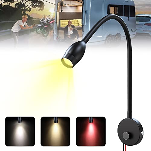 AnTom Reading Light for Bed Headboard, Bed Reading Lamp, Wall Mounted Reading Light, Bed Lights, RV Boat Reading, DC 12V-24V 3W LED Touch Dimmable, 3 Color Temperature
