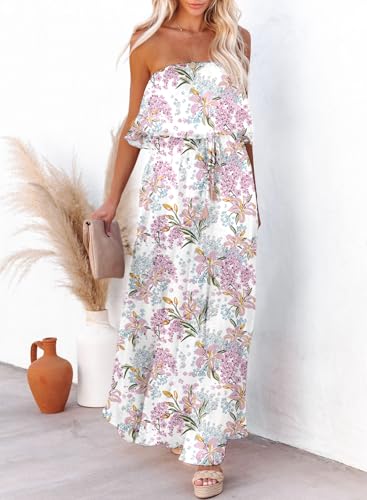 Image of Dokotoo Womens Strapless Dresses Casual Side Split Flowy Boho Maxi Dress | High Waist,Off The Shoulder,Wedding Guest,Bohemian,Beach Vacation Clothes,Floral Print,Sundresses,Casual