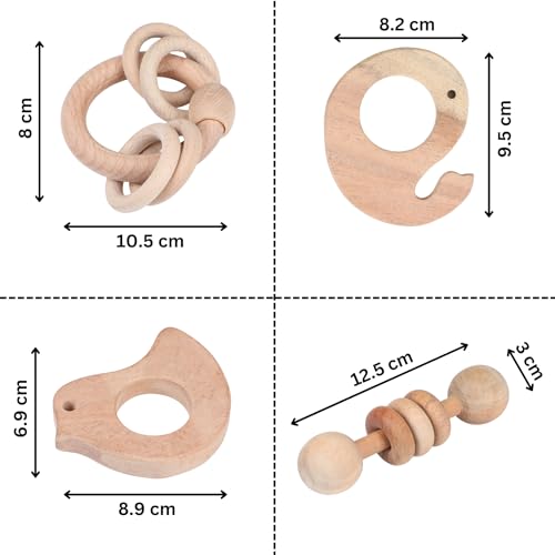 Image of Babbles Neem Wood Teethers for Babies | Wooden Teethers for 6 to 12 Months Baby | Natural and Antibacteria (Bird+Whale+Dumbbell+Ring)
