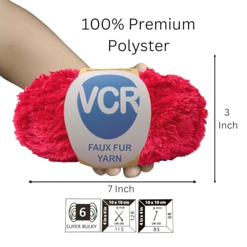 Image of VCR Red Yarn, Bulky Chunky Faux Fur Yarn, 100 Grams Hank, 100% Polyester, Suitable for Knitting Jackets, Scarves, Hats, Blankets, Cushions, Toys and Decorative Accents