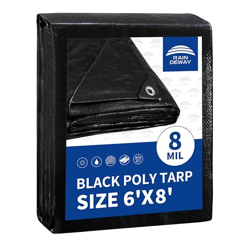 RAINDEWAY Black Tarp 6x8 Feet UV Resistant 8 Mil Multipurpose Medium Duty Waterproof Poly Tarp Cover with Metal Grommets and Reinforced Edges