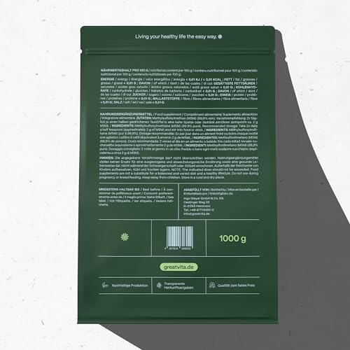 GreatVita MSM Pulver 1000g - 99,9% Methylsulfonylmethan, feiner & organischer Schwefelpulver - MSM powder zum Mischen in Wasser, Saft & Smoothies - 1kg Vorrat, ohne Zusätze, glutenfrei & non-GMO