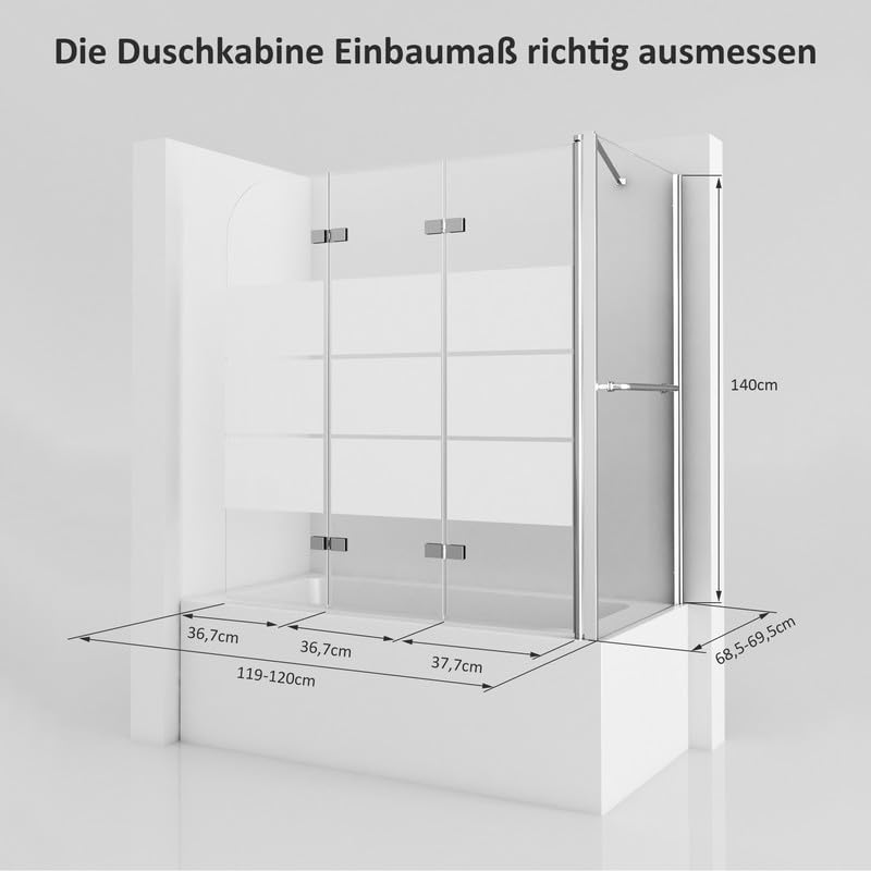 Duschwand für Badewanne mit Seitenwand 70x120x140cm 3-teilig Faltbar, Gestreift Glas Duschabtrennung Badewannenaufsatz Duschtrennwand aus 6mm Sicherheitsglas, Seitenwand mit Handtuchhalter