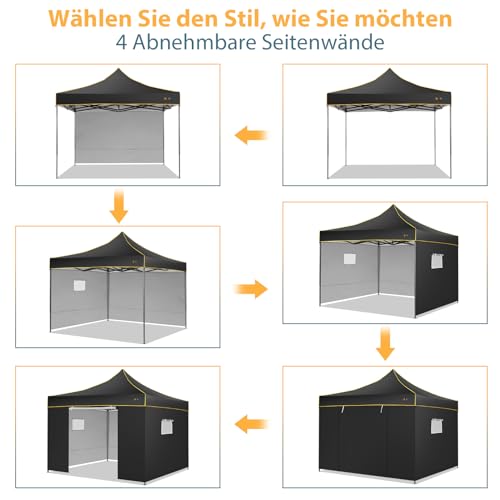 Image of HOTEEL 3x3 Folding Gazebo Waterproof Stable 3x3 with 4 Side Parts, UV Protection 50 + Folding Gazebo for Party, Camping, Beach, Black