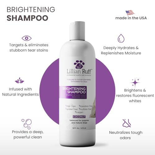 Image of Lillian Ruff PRO Formula Ultra Brightening Dog Shampoo - Professional Whitening & Long-Lasting Odor Eliminator, Remove Stains & Discoloration, Dry Skin & Itch Relief - Aloe & Provitamin B5 16oz+Brush
