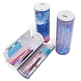 Multifunctional Pencil Case Box with Lock, Calculator, Quicksand, Mirror, Standing cylinder Shape, Cute Pen Holder, Kawaii Desk Organizer for Girls, Boys, Kids, School Supplies(Purple Sakura Night)